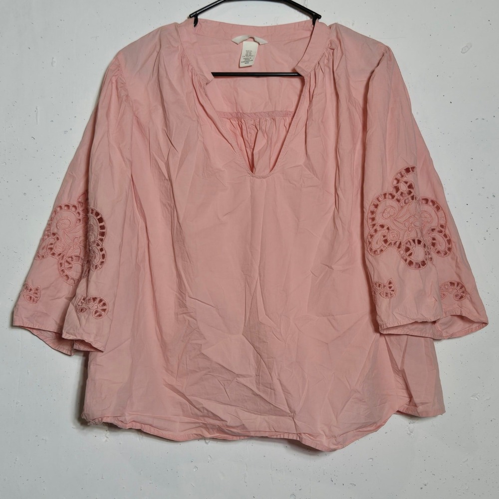 H&M Pink Eyelet Embroidered Puff Sleeve Top XL Boho Chic Peasant Cottage Pastel